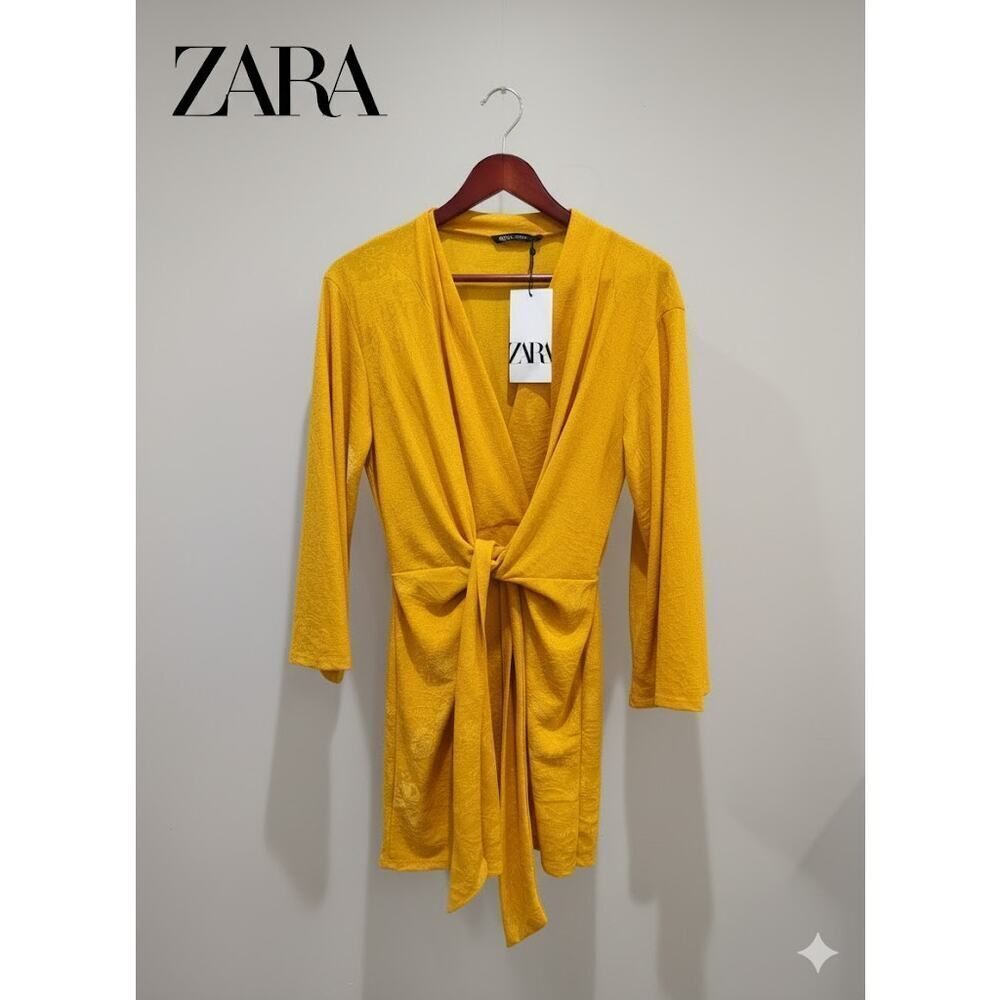 Brand New Zara Women’s Yellow Gold Faux Wrap Belted Mini Dress Small